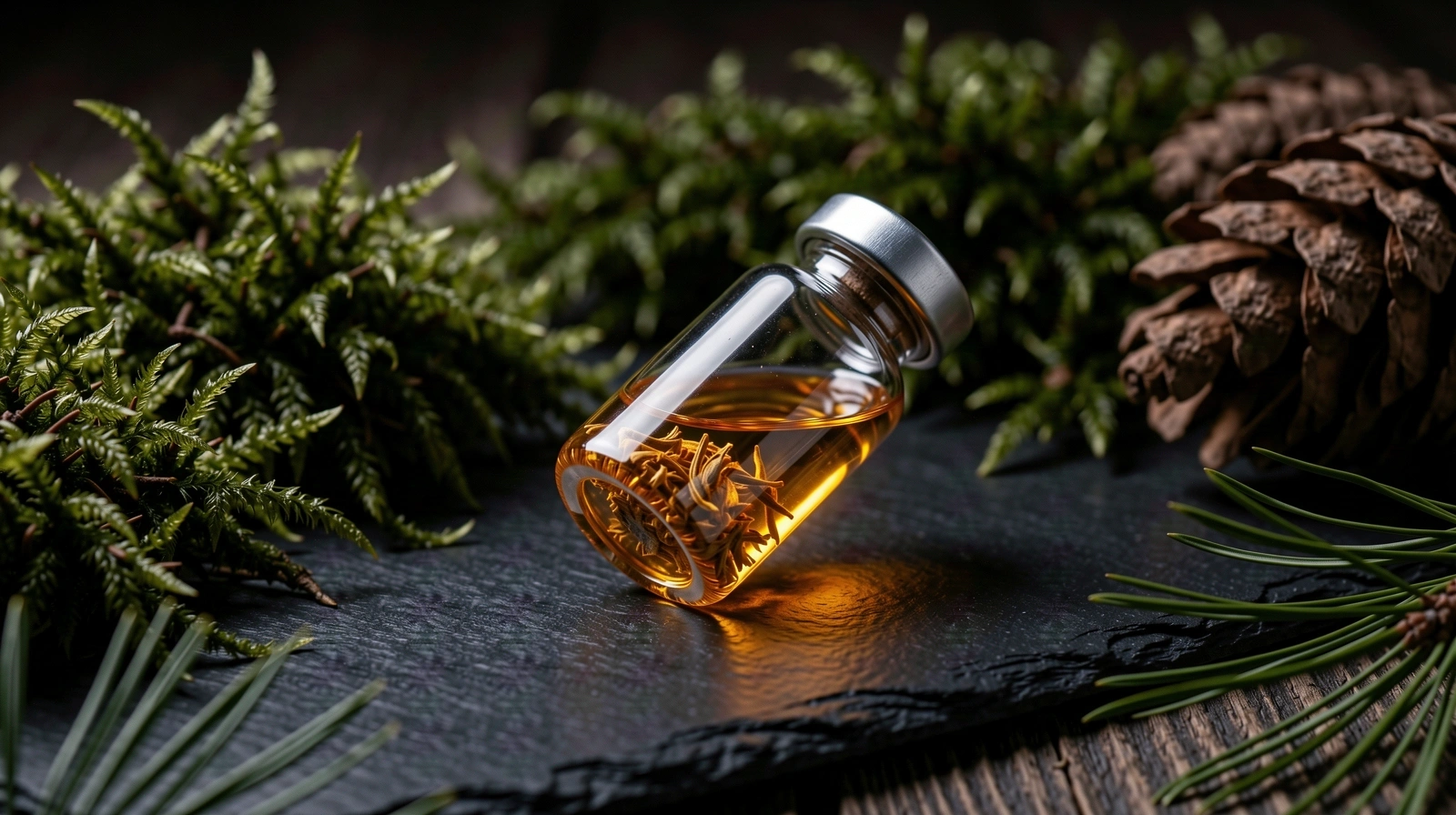 Botanical essence in a crystalline vial